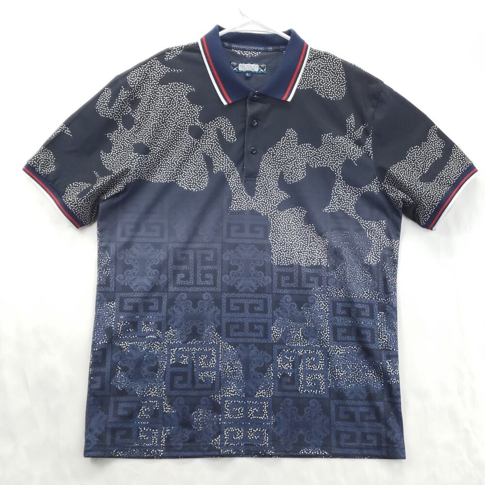 Suslo Couture Polo Shirt Mens Large Blue Stretch Short Sleeve Golf